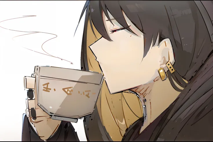 anime girl drinking a cup of coffee，smoke in the mouth, is ((drink a tea)), drinking tea, drinking a coffee, anime girls drink e...