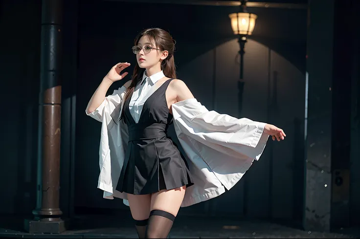 one-girl，Slightly thinner，Bigchest、The clothes are slightly transparent，Gaozo, With a ponytail, Cross your hands at your waist，guffaw，University lecturer，Stand behind the podium，Dress conservatively，conservativelydressed，Wear pure desire glasses（Front focu...