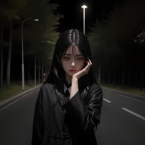 masterpice, beautiful asian girl, dark_hair, black coat, sad face, crying, crying_tears, low light form street lamp on the road near the dark forest, eyes look down, head look down one hand on face