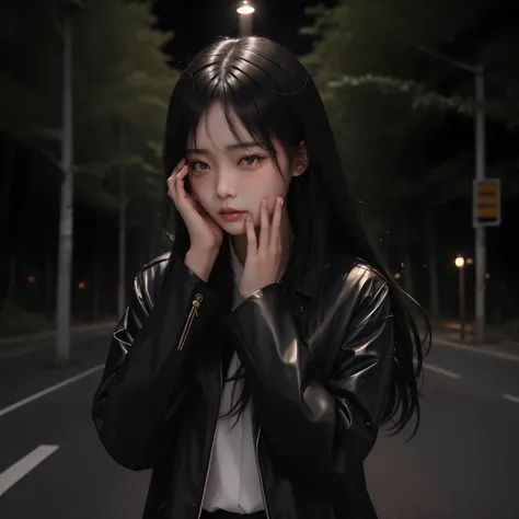 masterpice, beautiful asian girl, dark_hair, black coat, sad face, crying, crying_tears, low light form street lamp on the road near the dark forest, eyes look down, head look down one hand on face