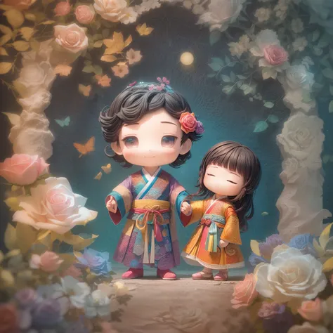 Rainbow Colors theme,(1 girl and 1 boy,Wear Hanfu,Hand in hand,Masterpiece rose,ssmile）, (illustration:1.2,paper art:1.2, zentangle:1.2, geomerty:1.2,a 3D render),(Best quality, high detal, Masterpiece,  Cinematic lighting, 4K, Chiaroscuro)