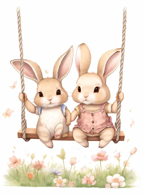 ((Two rabbits sitting together on a swing、Rabbit_bunny)), cute digital art, blocky, Cute illustration, bunny, Cute illustrations from fairy tales, cute artwork, Rabbit, Rabbit ears, Cute girls, long floppy rabbit ears, nice and cute, Bunny Girl, Detailed c...