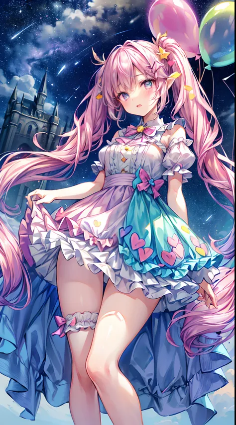 (fullbody, legs and shoes visible: 1.2)) expressive eyes, 1girl, ((head wings)), pale skin, long hair, windblown hair, ((absurdly long hair)), long sidelocks, hime bangs, hair fringe, hair bun, ((very long twintails)), iridescent hair, light pink hair, blu...