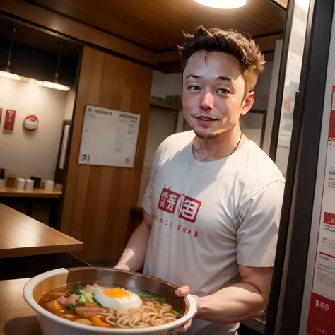 Elon Musk、Detailed facial features、The background is a ramen shop in Japan、Elon Musk eating ramen、Inside a ramen shop called Jiro Ramen in Japan、a smile、Elon Musk is a man、