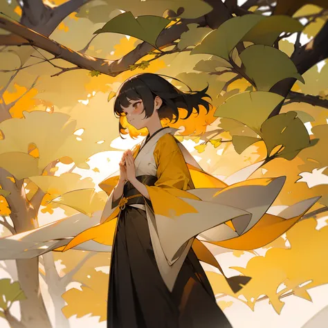 In a gust of elegant and aesthetic wind, a ceremony begins beneath a grand ginkgo tree. A girl stands at the center, her colorful hair shimmering in shades of black and orange, seemingly resonating with the beauty of the setting sun. The sky around is pain...