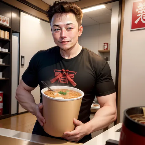 Elon Musk、Detailed facial features、The background is a ramen shop in Japan、Elon Musk eating ramen、Inside a ramen shop called Jiro Ramen in Japan、a smile、Elon Musk is a man、