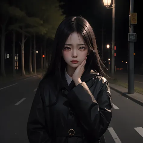 masterpice, beautiful asian girl, dark_hair, black coat, sad face, crying, crying_tears, low light form street lamp on the road near the dark forest, eyes look down, head look down one hand on face