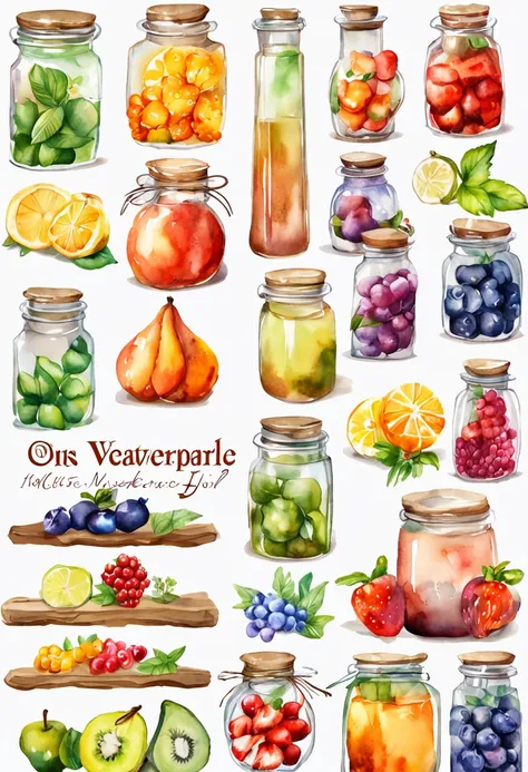 (Masterpiece: 1.2), (Best Quality: 1.2), Various types of glass sealed jars, fruits, juices, magic potions, colorful, well organized, arranged, white background, HD, Masterpiece, Super Detail, (Best Quality, High Resolution), Ultra HD, 32K, cgStation Pop, ...