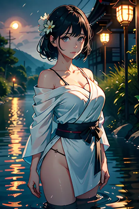 1girl, breasts, moon, lantern, night, solo, large breasts, hair ornament, wet, kimono, japanese clothes, wading, water, hair flower, flower, outdoors, sky, full moon, rain, black hair, off shoulder, mountain, cloud, holding, sash, bare shoulders, paper lan...