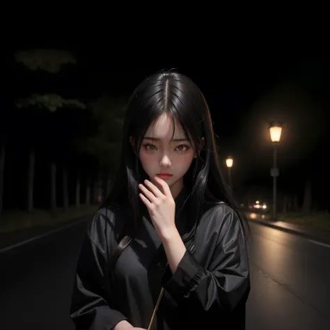 masterpice, beautiful asian girl, dark_hair, black coat, sad face, crying, crying_tears, low light form street lamp on the road near the dark forest, eyes look down, head look down one hand on face