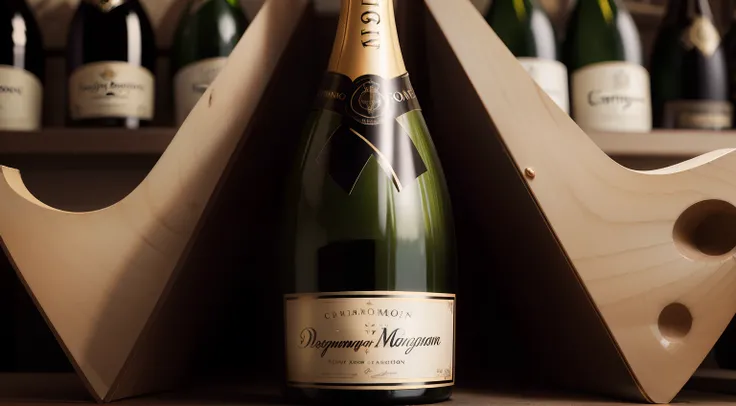 Dom Perignon is a brand of vintage Champagne produced by the Moet & Chandon winery in France , make the text on bottle clear , make everything darker than the bottle in front