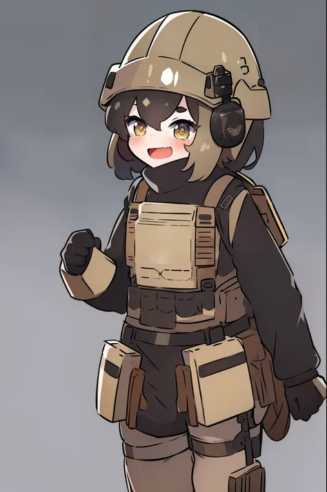 1girl, desert camo helmet, tactical helmet, raised goggles, desert camo, tactical black railed headset, black long messy hair, b...