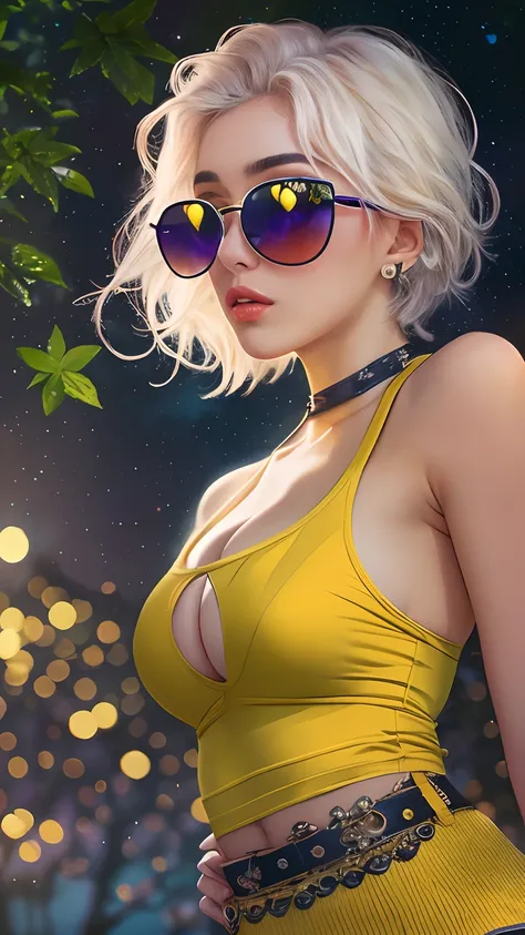 cleavage, a beautiful woman, from_above, close-up, crop top, detailed face, yellow bodycon tank top, hair, park, sky, trees, pale skin, moonlight, stars, 1girl, statement sunglasses, big breasts ,petite, vivid colors, bokeh background, subject for emphasis...