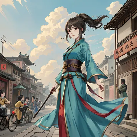 RAW photo, Masterpiece, Best quality, (1girll),, Ancient Chinatown, Changan City street outdoors, Sunnyday, cheerfulness, Hanfu, Beautiful girl,The warrior next to it，Clouds，Ink tide