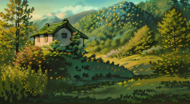 "forest, with small simple tree, with a ghibli-style village in the background. the image should have a hyperrealistic feel, wit...