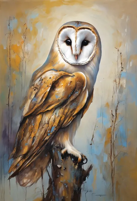 "majestic barn owl, intricate feathers, piercing eyes, perched on a branch in the moonlight."