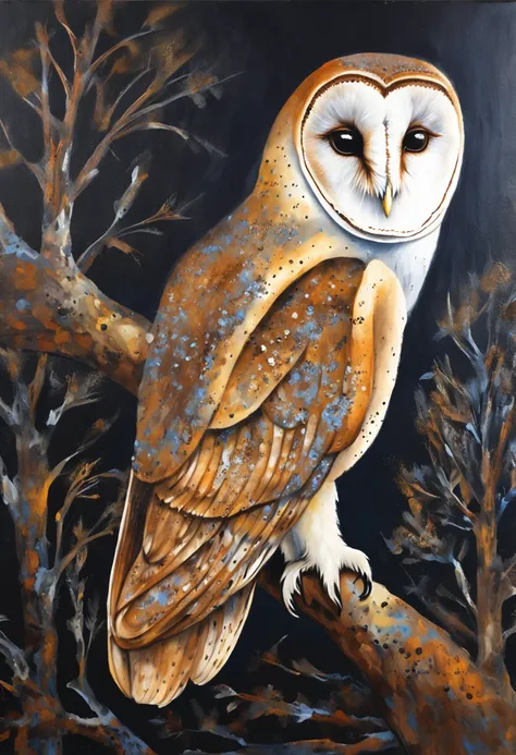 "majestic barn owl, intricate feathers, piercing eyes, perched on a branch in the moonlight."