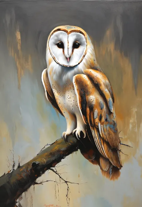 "majestic barn owl, intricate feathers, piercing eyes, perched on a branch in the moonlight."