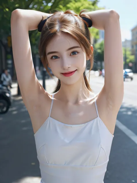 ((Show underarms、Armpit、Detailed armpit wrinkles、Raise your hands to show your armpits、in a street、In the city、Looking here、A smile、bright sunlight on the body、high-ponytail Hairstyle、More detailed armpit skin、Underarm wrinkles、Black armpits、Darker armpit ...