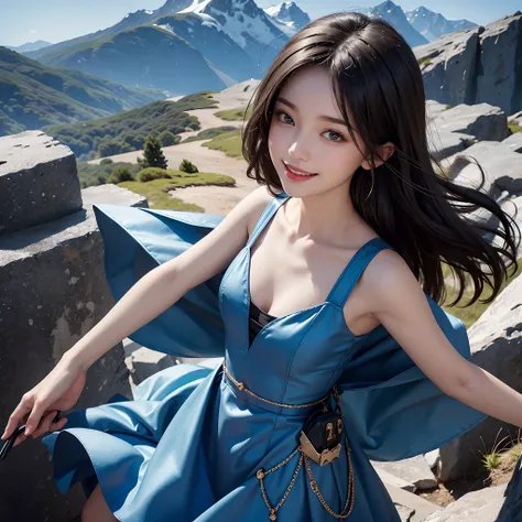 A girl in a blue dress and a watch is standing on the top of a mountain. She is looking up slightly, her arms spread wide. She is wearing a small backpack, and the dynamic volume lighting illuminates her face in great detail. She has black hair that reache...