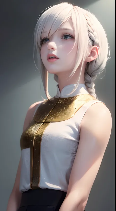 best quality, masterpiece,white hair, gold eyes,white clothes, looking up, upper body,hair strand,Fair skin,side braids