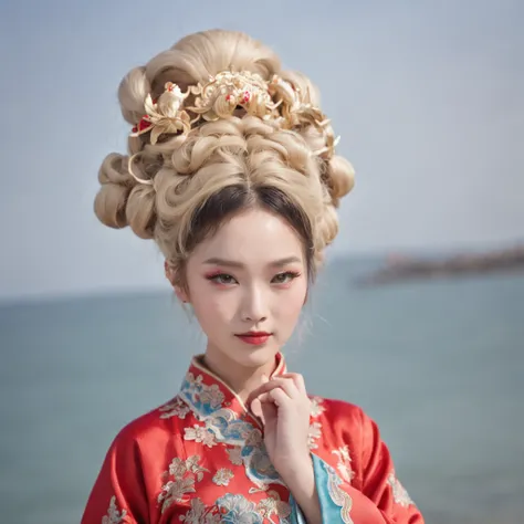 Character image seaside with waves beauty blonde hair Classical Chinese costume