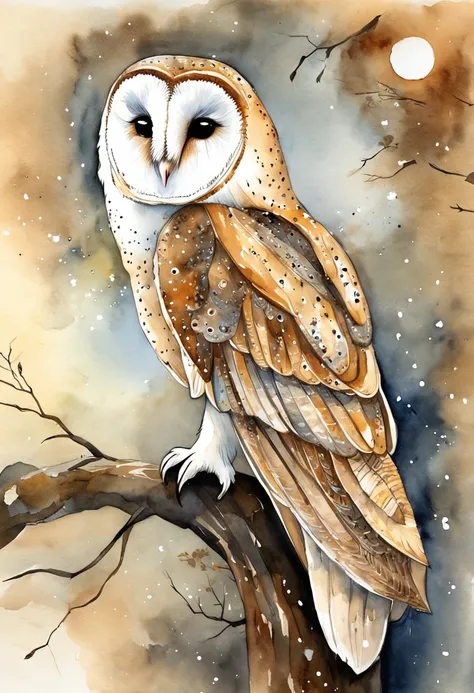 "majestic barn owl, intricate feathers, piercing eyes, perched on a branch in the moonlight."