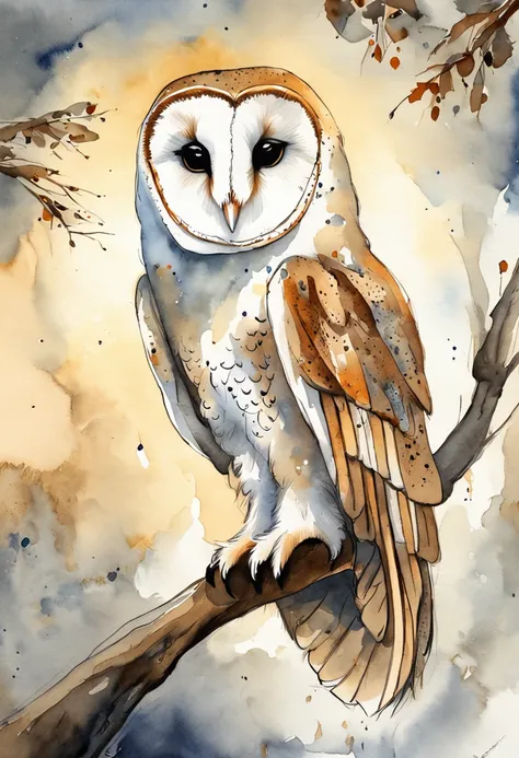 "majestic barn owl, intricate feathers, piercing eyes, perched on a branch in the moonlight."