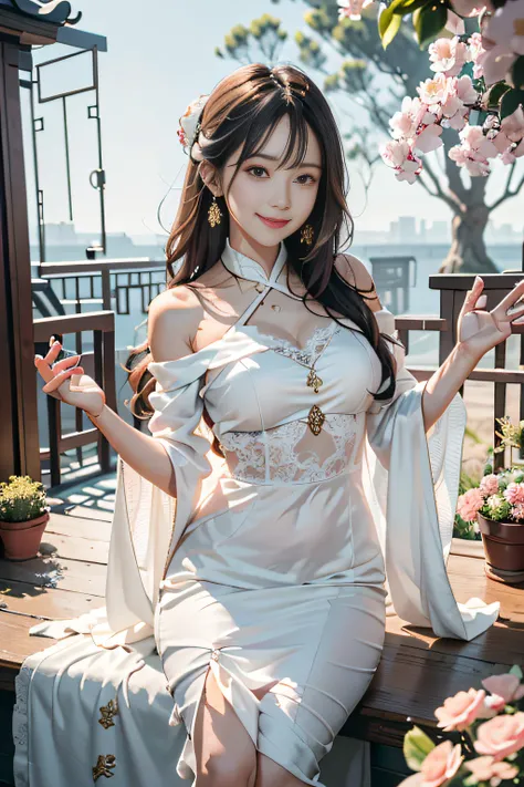 best qualtiy，tmasterpiece，超高分辨率，（真实感：1.4），RAW photogr，1girl，（Full body portrait 1.5），white dresses，cropped shoulders，blooming flower field，Glowing skin，Light smile