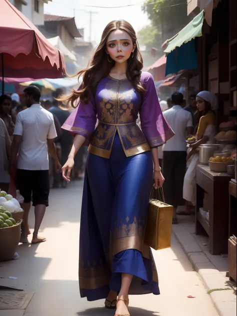 Generate a high-quality AI-generated image of Elizabeth Olsen dressed in a Muslim girl outfit, walking gracefully along a picturesque street in Sri Lanka. The image captures the intricate details of her outfit, the vibrant colors of the market stalls, and ...