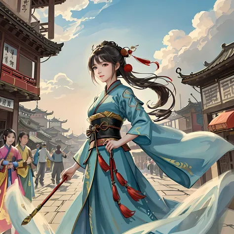 RAW photo, Masterpiece, Best quality, (1girll),, Ancient Chinatown, Changan City street， Sunnyday, cheerfulness, Hanfu, Beautiful girl,There is a warrior next to it，Clouds，Ink tide，End Changan City，water ink