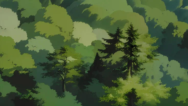 forest, with small simple tree, with a Ghibli-style village in the background. The image should have a hyperrealistic feel, with intricate detailing and an autolevel color treatment.