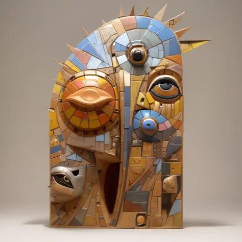 a close up of a sculpture of a face with a sun on it, mixed media with claymorphism, by Joe Mangrum, by Nancy Carline, beaked mask, intricate mask, breath taking, greg rutkowski artistry works, inspired by Paul Feeley, by David Eugene Henry, by Pat Adams, ...