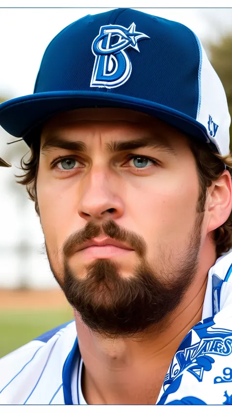 Alafed baseball player in blue hat and white shirt, deep in thought, Jay Naylor, looking serious, Sad look, close up head shot, Interested faces, Chris McGrath, serious sad look in his eyes, inspired by Jason Felix, Serious face, jason engle, Close up face...