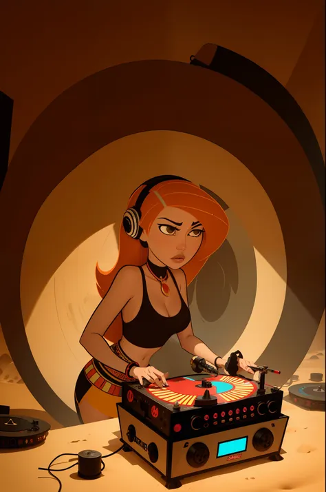 kim possible a native traditional arabic female princess djing scratching vinyl decks shrouded in thick sand storm