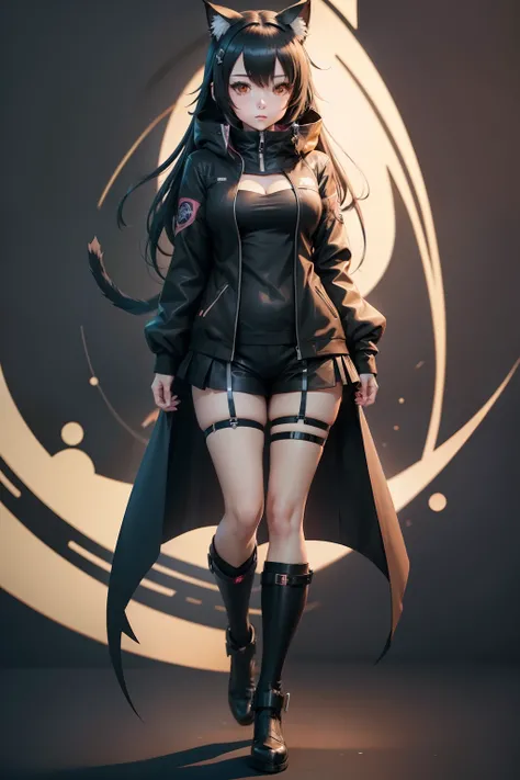 anime girl in a black coat and black shorts with a cat ears, anime moe artstyle, full_body!!, anime vtuber full body model, kantai collection style, anime full body illustration, full body!!, full body!, nyaruko-san, single character full body, an anime gi...