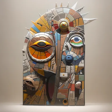 a close up of a sculpture of a face with a sun on it, mixed media with claymorphism, by Joe Mangrum, by Nancy Carline, beaked mask, intricate mask, breath taking, greg rutkowski artistry works, inspired by Paul Feeley, by David Eugene Henry, by Pat Adams, ...