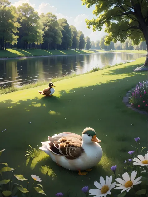 ，large lawn，You can lie in the grass，little duck ，Can sit by the river，There are flowers，There are wild fruits，beautiful weather