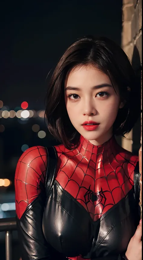 1girl, night, cityscape, city lights, upper body, close up, 8k, raw photos, best quality, masterpiece, realistic, photo realistic, spider-man suit, huge, thick thighs, asian face, short hair, brunette hair