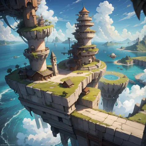 flying city, flying islands, battlefield background, game background, 2d game background, rpg, mobile rpg, mobile game background, clear design, clouds, wind, no character, giant city, many flying islands, flying islands over sea