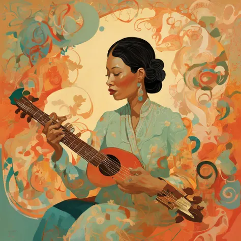 There was a woman holding a guitar in her hand, victo ngai style, victo ngai! cmyk palette, ( ( victo ngai ) ), world of lute, Sachin Teng, an illustration of inspired by Victo Ngai, Poster illustration, victo ngai and tristan eaton, in the style of sachin...