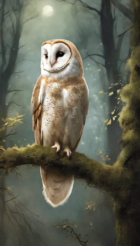 A majestic barn owl perches gracefully on a moss-covered tree branch in a moonlit forest, surrounded by ethereal beams of silver moonlight filtering through the canopy, conveying a sense of tranquility and mystery. Moody and atmospheric with a touch of fan...