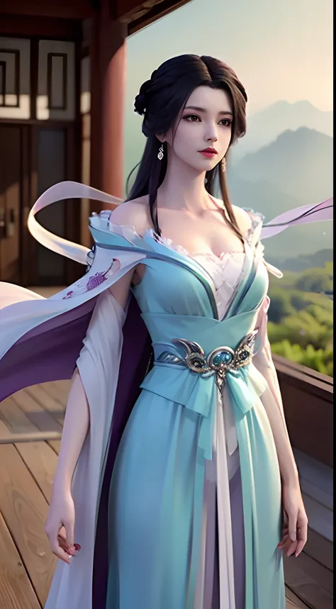 Solo, 1 Beautiful Female, Wuxia World, (1 Girl), (Full Body), (Xiuxian World), Chinese Immortal Wuxia, (Purple Cross-collared Top, Ancient Long Skirt, Embroidered Cape, Streamer), Brunette Hair, Chinese Coiled Bun, Hairpin, Light Pink Lips, Calm, Intellect...