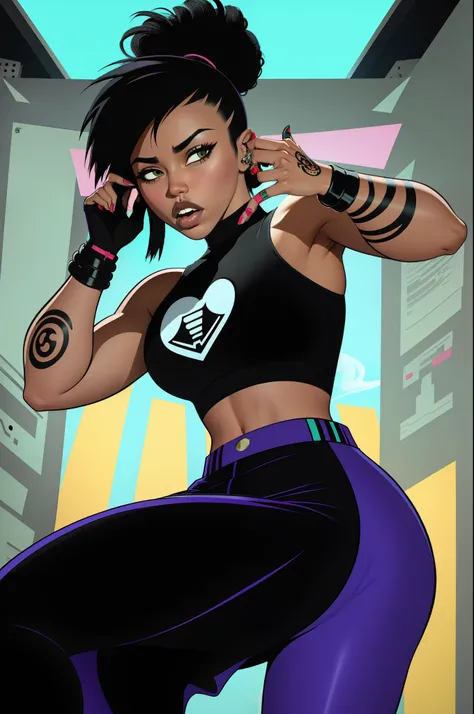 80s vhs detailed girl rapper black asian hip hop star fully tattooed arms out to shoot fake finger guns