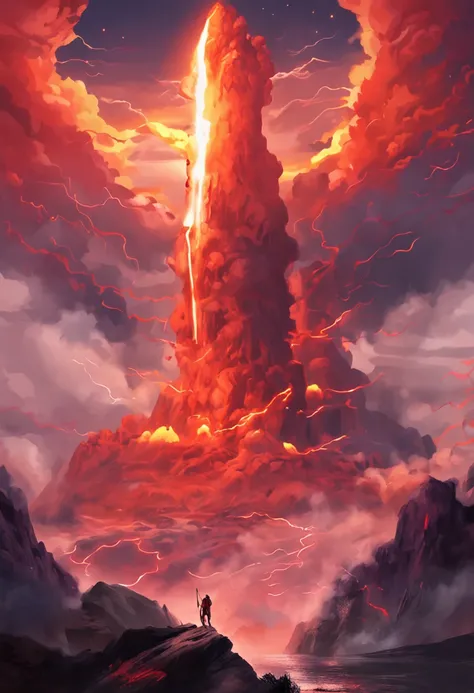 A group of troops， volcano background，A reddish-yellow flame erupts from the middle，Chinese mythology， Cloudy and flamey， Detailed sky， （flame_surge_style：0.5）