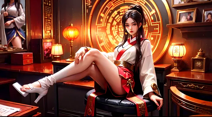 Gorgeous Chinese girl sitting in chair in short skirt and tight stockings, smooth white tight clothes suit, intriguing outfit, With long hair, 2 4 year old female model, Asian girl, Chinese girl, wearing tight simple clothes, full-body xianxia