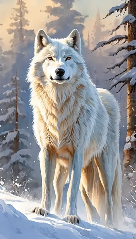 "Majestic white wolf standing in snow-covered landscape, Unleash an aura of beauty and power."