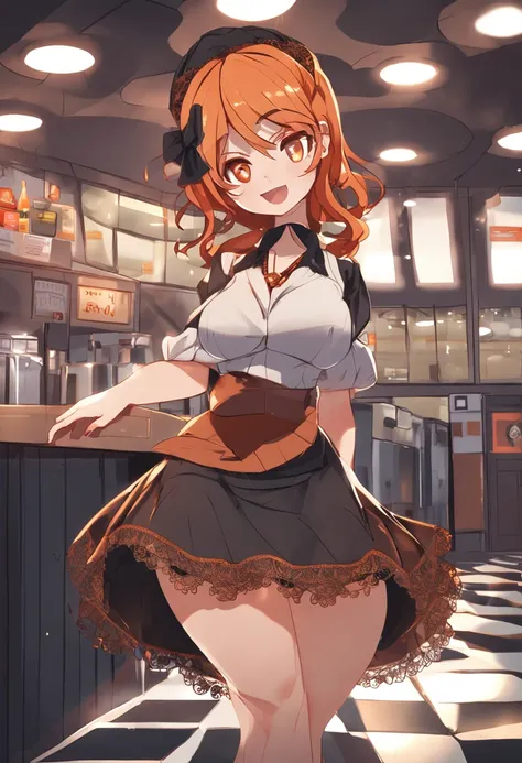 ai_generated curvy_body curvy_female curvy_figure The average cup size female_only huge_breasts looking_at_viewer +maid solo_female solo_focus stable_diffusion waitress orange_hair green_eyes lifts the skirt showing black panties legs in pantyhose