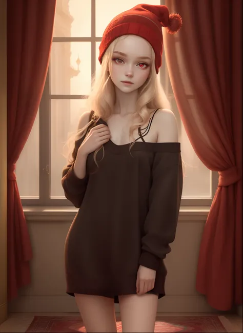 (Masterpiece), Best quality, high resolution, Highly detailed, Detailed background, Perfect lighting, 1girll, Pale skin, wearing beanie, magical, carpets, Golden ratio,adolable，whaite hair，Red eyes，4K，No clothing，Well-developed chest，