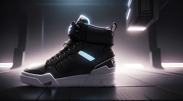 product photography of a cybepunk white sneaker, epic rendering, octane, atmosphere, particles, soft volumetric lights, (backlit:1.3), (cinematic:1.3), intricate details of neon and black white colors, detail,(side view),center of page different side